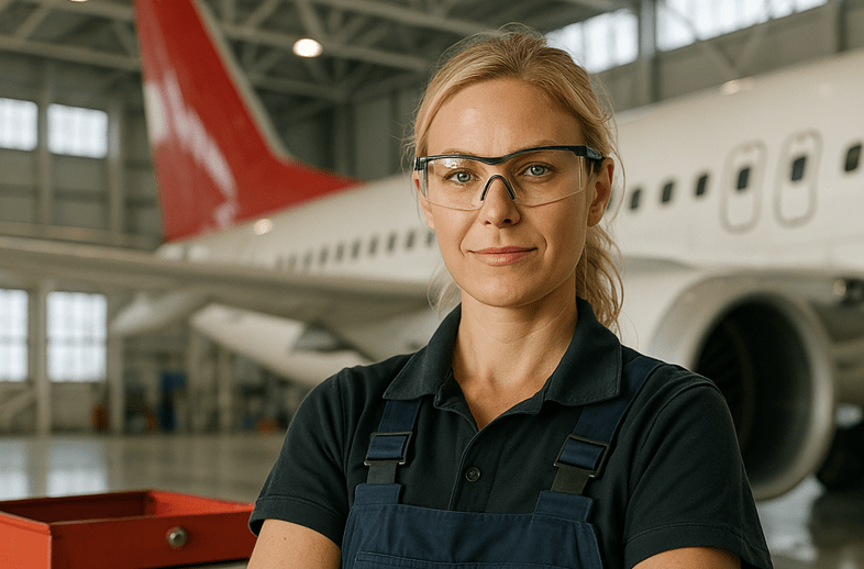 An aircraft maintenance technician standing confidently in a hangar, wearing safety glasses and work overalls with a commercial jet in the background.