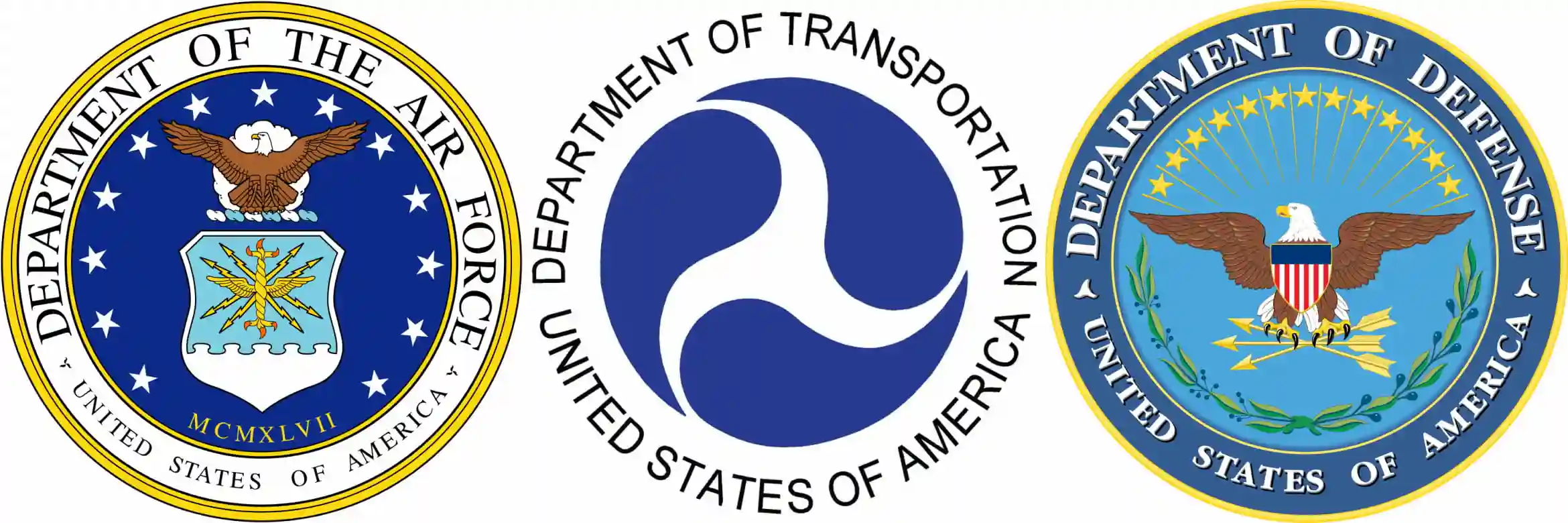 The logos for the United States' Departments of the Air Force, Transporation, and Defense. 